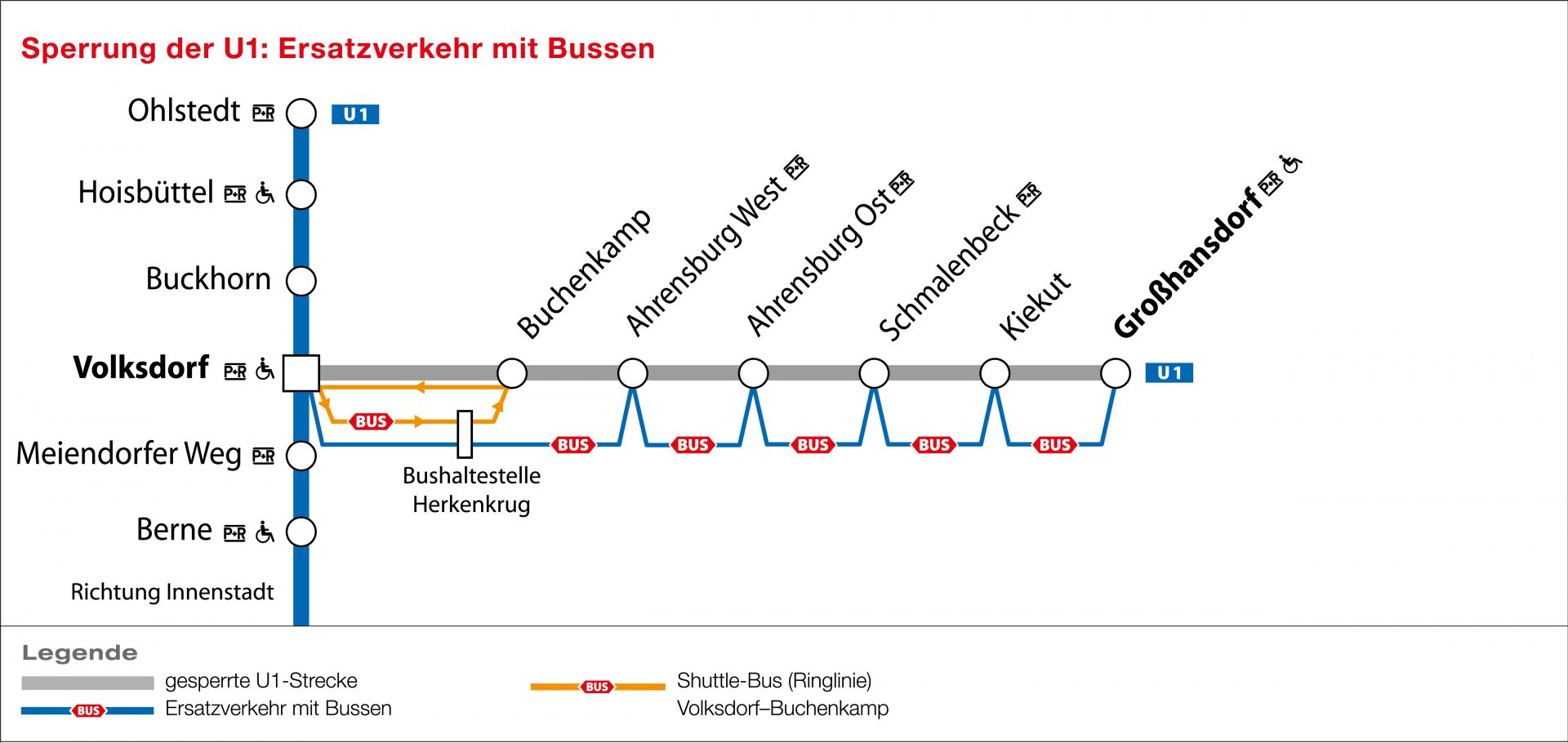Es gibt diesen Sommer zwei Ersatzbus-Linien: Den U1-Ersatzverkehr zwischen Volksdorf und Großhansdorf ohne Halt an der Haltestelle Buchenkamp und einen eigens für diese Haltestelle eingerichteten Shuttle-Bus ab Volksdorf. Umgestiegen werden kann an der Haltestelle Herkenkrug. Zum Vergrößern klicken. (Copyright: HOCHBAHN)
