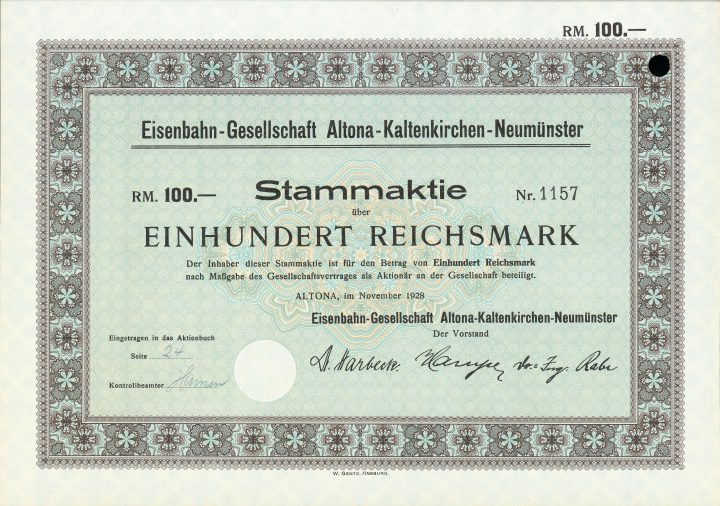 Am 1. August 2016 wurde nach rund anderthalbjähriger Bauzeit der Streckenabschnitt zwischen Neumünster Süd und Bad Bramstedt frei gegeben - Bestandteil der heutigen Linie A1 der AKN Eisenbahn AG, die damals noch Eisenbahn-Gesellschaft Altona-Kaltenkirchen-Neumünster hieß. Hier eine Stammaktie aus dem Jahr 1928.